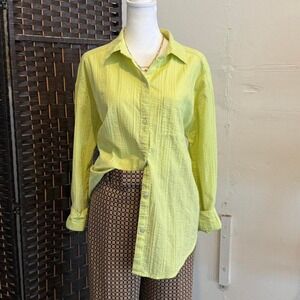 Y2k Women's Lime Green/Yellow Button up Shirt with Pleats Retro Top